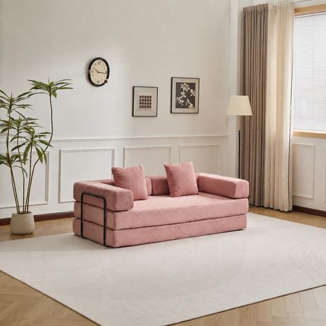 Canapé-lit compressible corduroy rose,3-en-1 Pas d'assemblage nécessaire Canapé de plancher pliable,Canapé Loveseat pour petits espaces dans le salon
