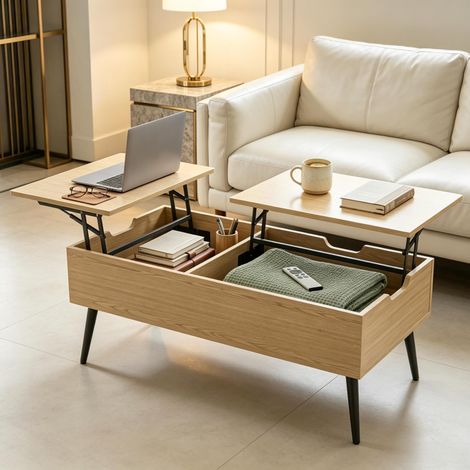 Mesa de centro elevable (100x50x43.6 cm), con compartimentos ocultos, tablero efecto madera, metal negro (1/5)