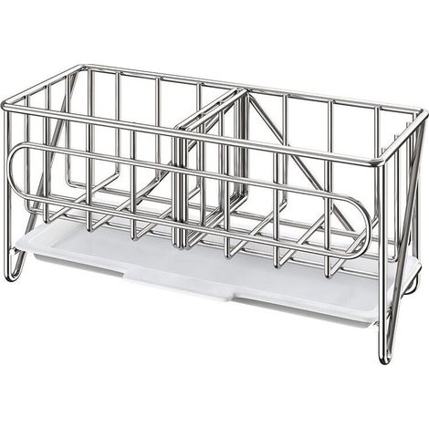 Porta-spugna per lavello da cucina, organizer per lavello da cucina, porta-spazzola per la pulizia, porta-sapone con vassoio di scarico, argento