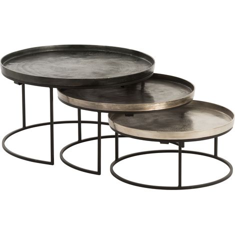 Lot de 3 tables gigognes rondes en aluminium noir et gris (1/4)