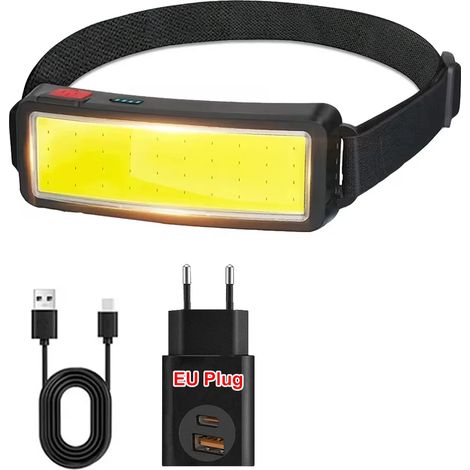 Lampe frontale LED COB (avec prise européenne), 3 modes d'éclairage, batterie intégrée, rechargeable par USB, idéale pour le camping, la pêche et les situations d'urgence. (1/5)