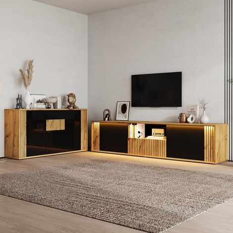 Conjunto de mueble tv 180cm y aparador 140cm para salón para televisión de hasta 75 pulgadas de mdf estilo moderno - negro y madera natural (1/5)