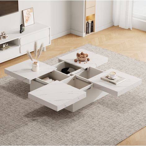 Tavolino 90x90x25 cm in pannelli di legno bianchi effetto marmo con contenitore FloraGrace (1/5)