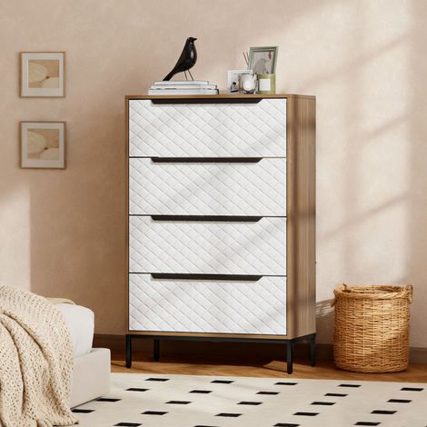 Commode naturel blanc avec 4 tiroirs en tissu avec des façades à motif losange pour salon, bureau Loge et