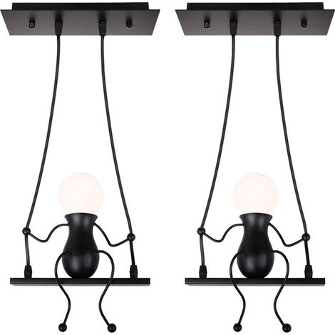 2 Stücke Pendelleuchte Modern Kreativer Humanoid Hängelampe, Industrielle Schwarzes Metall Eisen E27 (Schwarz)