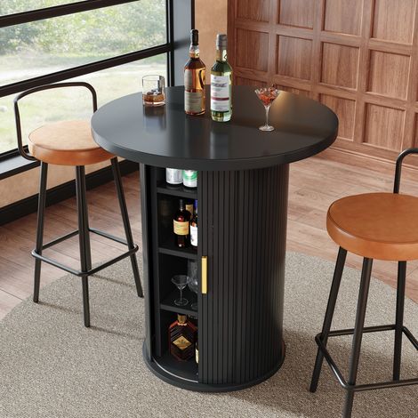 Table de bar ronde avec rangement intégré, table haute 91,6 cm avec placard – Finition MDF effet bois – Charge maximale 75 kg – Pour bar, salon ou cuisine