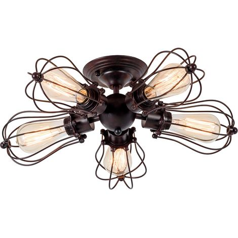 Plafonnier industriel à douille ajustable Lampe à cage métallique à culot métallique à montage semi-encastré Plafonnier rustique en métal sans ampoule avec 5 ampoules rouille (1/5)