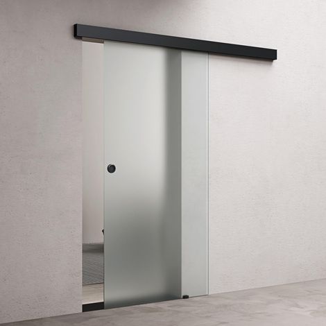 doporro Glasschiebetür Komplettset Softclose 77,5 x 215cm 15mm Wandabstand Schiebetür mit ESG-Sicherheitsglas Zimmertür Glas Vollsatiniert und Schwarz Muschelgriff Amalfi-plus 12H