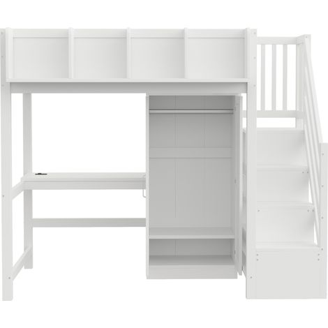 Lit mezzanine 90 x 200 cm avec bureau, armoire, LED et prises, blanc (1/5)