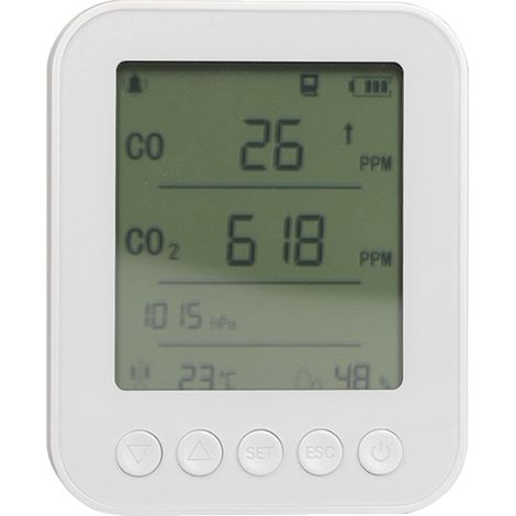 Détecteur de dioxyde de carbone, de température et d'humidité 5 en 1, haute précision, portable, rechargeable par USB, multifonctionnel, blanc (1/5)