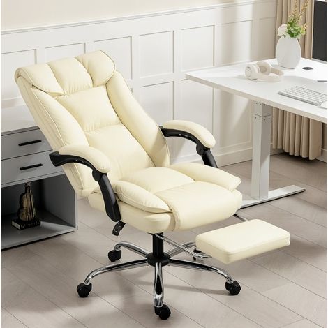 Bürostuhl 66x72x113-121 cm beige aus Kunstleder mit hoher Rückenlehne, Fußstütze und verstellbarer Neigung (1/3)
