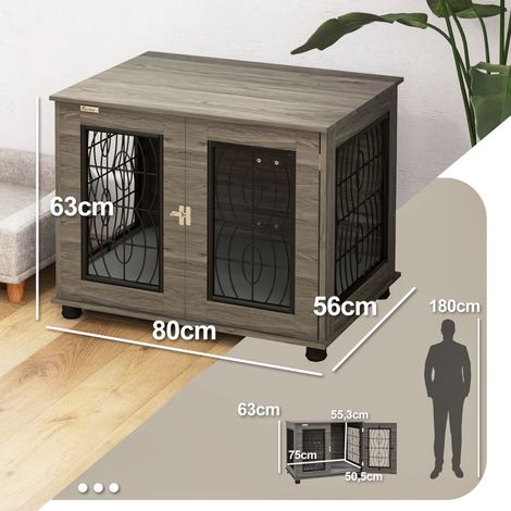 Cage à chien gris imitation bois 80x56x63cm métal avec coussin de repos, adapté chiens jusqu’à 20kg corps 50cm, espace calme pour la détente canine (1/5)