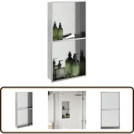 Niche de douche argenté brossé 32x62x9 cm acier inoxydable - Niche De Douche - Meuble De Salle De Bain - Rangement Salle De Bain - Étagère Murale - Inox