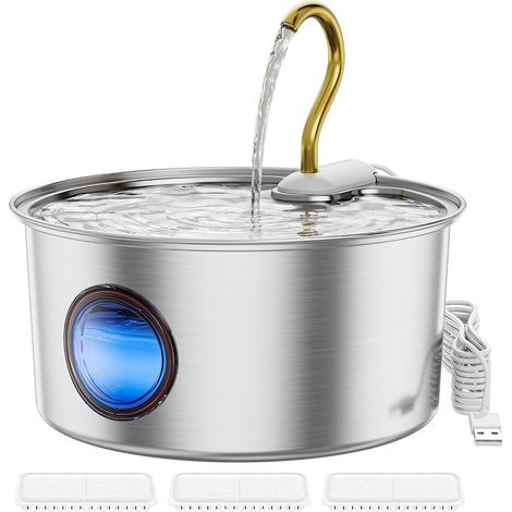 Fontaine à Eau pour Chat – Acier Inoxydable SUS304, 3,2 L, Ultra-Silencieuse, Buse Col de Cygne, Lavable au Lave-Vaisselle, Fenêtre de Niveau, Idéale Multi-Animaux (1/5)