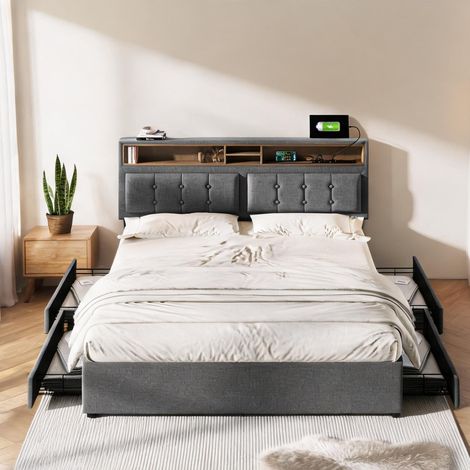 Cadre de lit coloris gris en lin 204 x 143 x 92 cm (1/5)