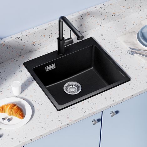Fregadero de granito CECIPA MAX Fregadero de granito 50 x 45 cm, fregadero de cocina sobre encimera, fregadero encastrable de granito con desagüe sifón y juego de rebosadero (1/5)