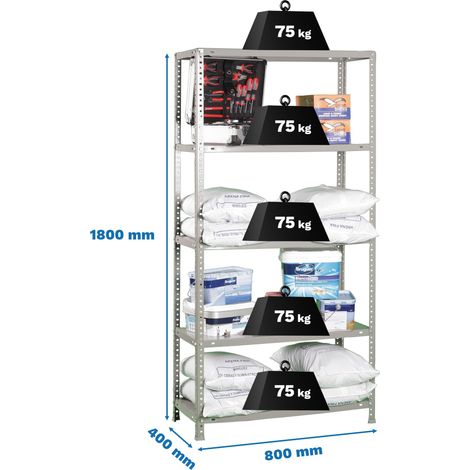 SimonRack Scaffale Portaoggetti, 1800x800x300 mm, 5 Ripiani, Capacità di Carico e Punto di Flessione 75 kg, Metallo, Scaffale da Garage, Grigio - Advantage