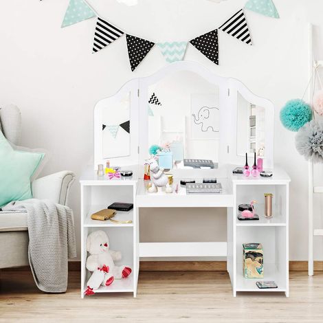 COSTWAY Coiffeuse pour Enfants 2 en 1 avec Miroir Amovible, Bureau Enfant avec 4 Étagères de Style Princesse pour Filles, Blanc (1/4)