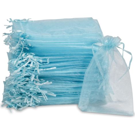 Lot de 50 sacs en organza, cordon de serrage, 7x9 cm, bleu clair, mariage fête (1/5)