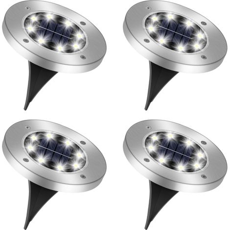4 Pièces Lumière Solaire Extérieur Jardin, 8 LED Lampe Solaire Au Sol Étanche IP65, Lampe Solaire Spot Encastrable pour Chemin, Cour, Terrasse, Pelouse, Jardin, Blanc Froid [Classe énergétique A]