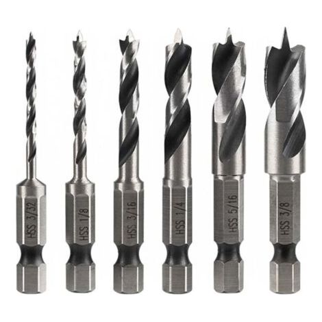 6Pcs Meche Bois à Tige Hex, Jeu de Tige 1/4" Forets HSS Hélicoïdaux pour Bois Métal Plastique et Bosch 6.35MM Hex Tige Rotatives Outil