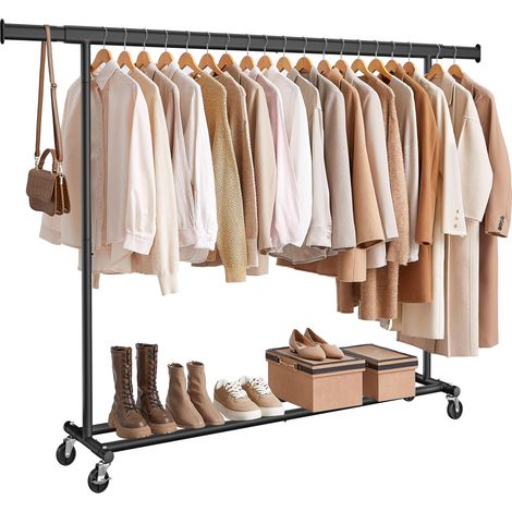 Portant à Vêtements avec Roulettes, Tringle Extensible pour Charge Lourde, Porte-manteau, Capacité de Charge 150 kg, 45 x (160-200) x 161,5 cm, Montage Facile, Noir HSR175B01 (1/5)