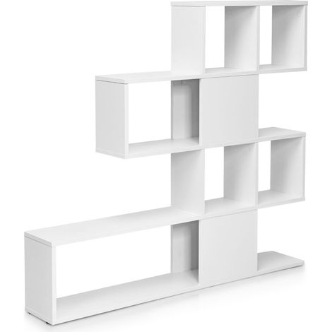 Libreria a forma di scala a 5 livelli con ante, Scaffale decorativo in legno per il soggiorno e l’ufficio Bianco (1/4)