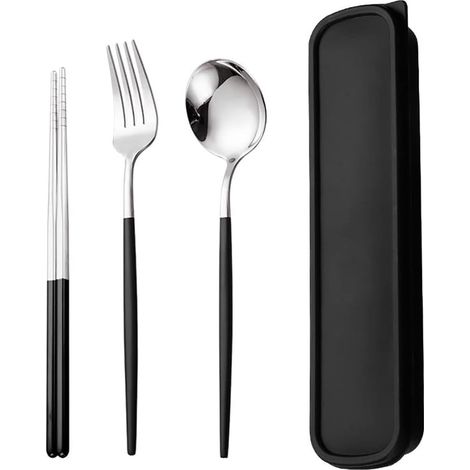 Ensemble de couverts portables en acier inoxydable, couverts réutilisables, comprenant fourchette, cuillère, baguettes et étui (1/5)