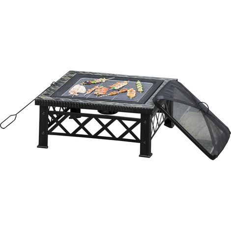 Brasero/Foyer extérieur 3 en 1 avec pare-étincelles, grille de cuisson, seau à glace, barbecue de jardin, noir, 76 cm x 76 cm x 47 cm