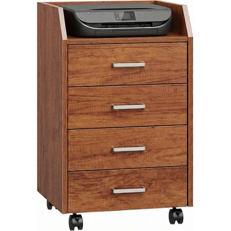 Classeur marron à roulettes mobile 4 tiroirs pour bureau et étude, 40x36x65 cm, design classique rangement pratique (1/5)
