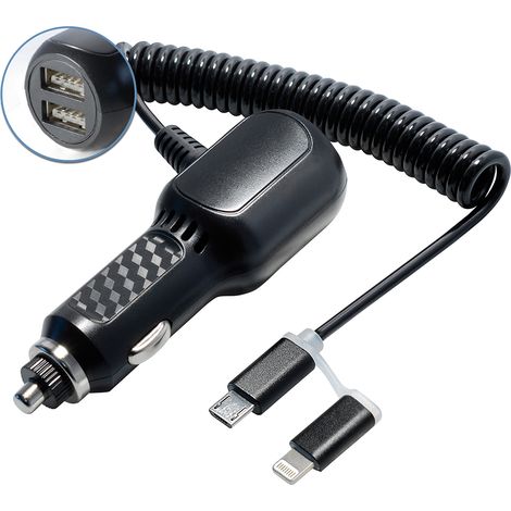 Usbcar caricatore con 2x usb presa tipo a e microusb usb cavo di collegamento b / 8 pin, per iphone / ipad e telefoni cellulari / tablet (1/4)