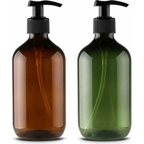 Flacon Vide - 500 ml - Pompe Rechargeable - PET - Pour Lotion Shampooing Gel Douche - Marron Vert - Lot de 2