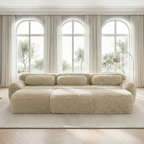 Sofá modular 291/179/73 cm en caqui claro de tejido peluche con 3 ottomanes (1/5)