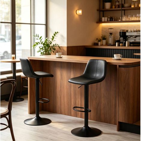 Lot de 2 tabourets de bar réglables en hauteur avec dossier, repose-pieds et rotation 360°, pieds en acier noir (1/5)