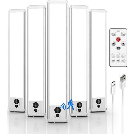 Lampe LED Rechargeable Intérieure avec Détecteur de Mouvement, Réglette LED Cuisine 23 cm, Sans Fil avec Télécommande, 5700K 3 Modes Réglable pour Escalier/Cuisine/Placard (5 Pièces) (1/5)