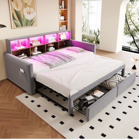Bett 90x190 cm gepolstert in Hellgrau, ausziehbar auf 180 cm, Kopfteil mit LED und Steckdosen (1/5)