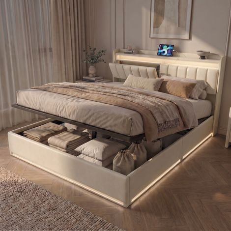 Lit coffre double 140x190 cm, lit adulte avec RGB LED et ports USB, tête de lit avec rangement, sommier, velours, moderne, Beige