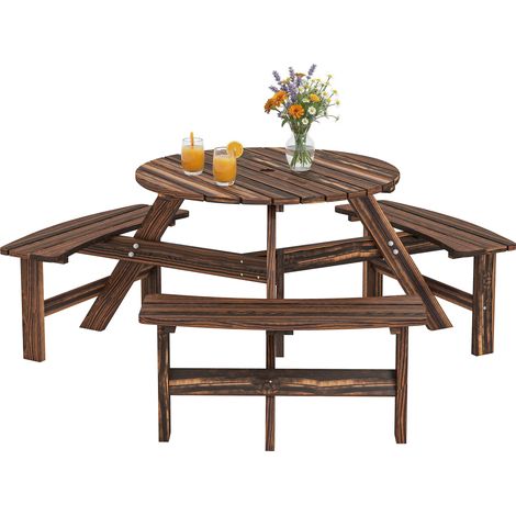 Outsunny 6 Person Fir Wood Table Bench Set Outdoor Garden Patio, Carbonized