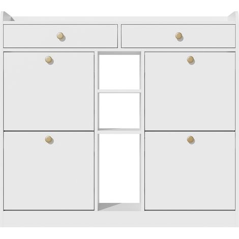 Scarpiera bianca con 4 ante a ribalta, 2 cassetti e 3 vani aperti 110 x 26 x 100 cm (1/5)
