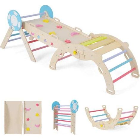 Structure d'escalade enfant multicolore en bois avec toboggan, arche, échelle et blocs pliable pour chambre et jardin (1/5)