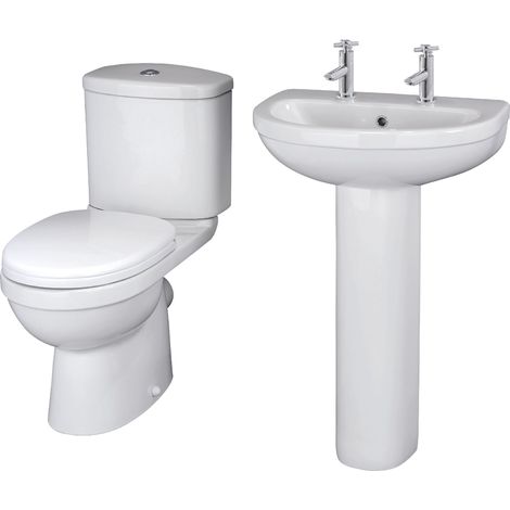 Balterley Churnet Bathroom Suite: Close-Coupled Toilet w/ Dual-Flush Cistern, Soft-Close Seat & 550mm 2 Tap Hole Basin, Full Pedestal