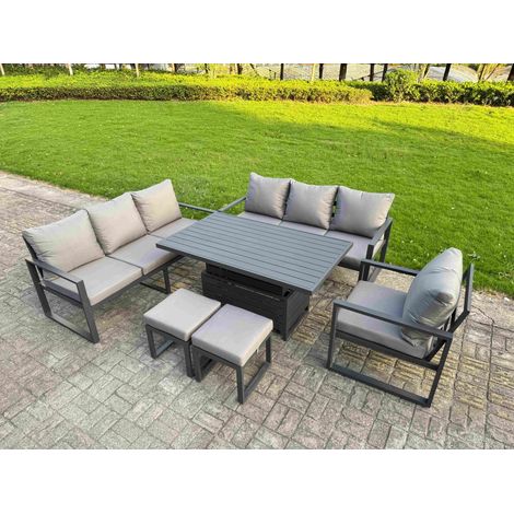 Fimous Aluminium Garden Furniture Sets,9 Seater Outdoor Sofa Dining Set with Adjustable Rising Lifting Dining Table 2 Small Footstools for Yard,Poolside, Patio, Dark Grey (1/5)