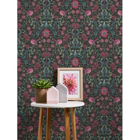 Papier peint floral dense sur fond noir Tapisserie fleurie verte et rose Papier peint embossé style cottage idéal pour couloir (1/5)