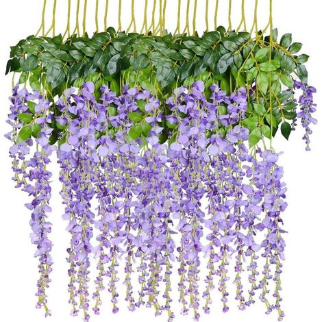 12 fleurs artificielles en soie, glycine, tige de rotin, fleur en soie H
