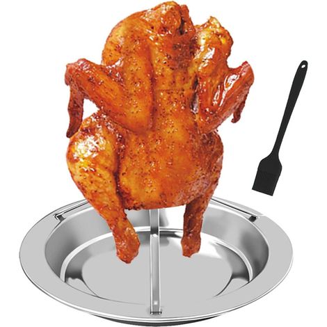 Grille de rôtissage pour poulet en acier inoxydable, grille verticale avec bac de récupération des graisses et brosse de cuisson pour une cuisson parfaite. (1/5)
