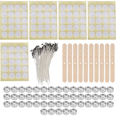 100 mèches de bougie 15cm, 100 pastilles adhésives double face, 50 coques de bougie, 10 supports mèche bois (14g aluminium jaune fond autocollant) (1/5)
