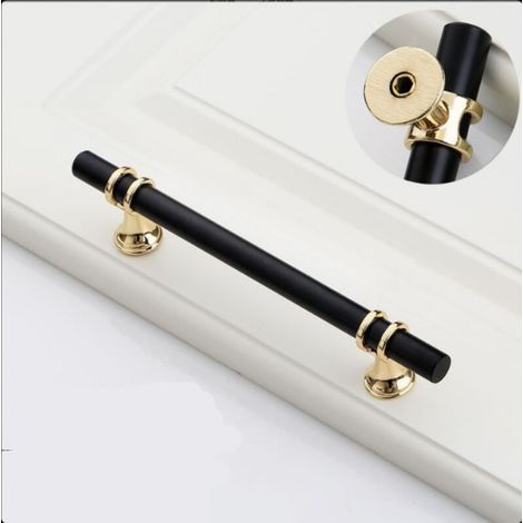 Set di 1 maniglia per mobile da cucina nera e oro, 96 mm, in lega di alluminio, con viti, per cassetti, armadi e credenze. (1/5)