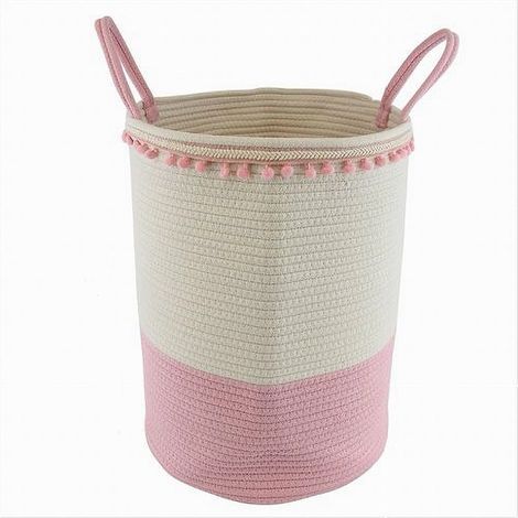 TRADE SHOP - Cesto Portaoggetti Per Biancheria In Corda Pon Pon Rosa Con Manici 35x45cm 10668 - (1/2)