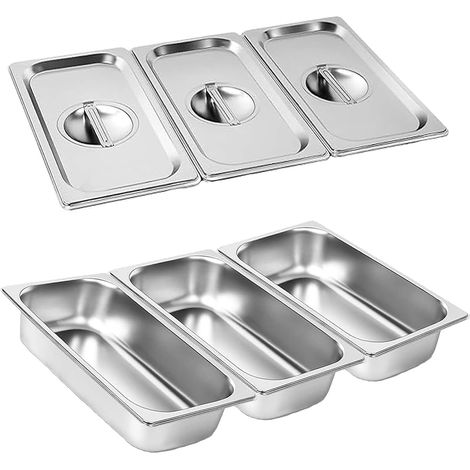 Lot de 3 Bacs Inox GN 1/3 - Acier Inoxydable - Avec Couvercle - Pour Bain-Marie et Four - 32,5x17,5x6,5 cm (1/5)