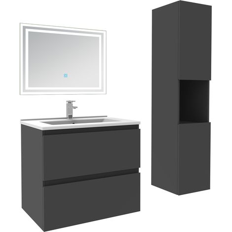 Ensemble meuble de salle de bain 60cm, vasque céramique + colonne haut + LED miroir rectangulaire, anthracite